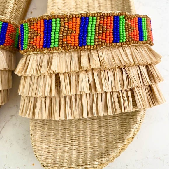 NWOT Farm Rio Caramel Beaded Fringe Sandals Slides In Natural Raffia Size 10 - Picture 4 of 4